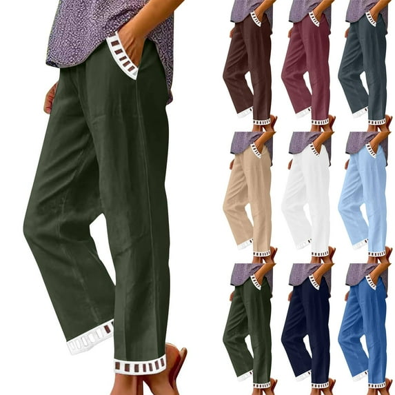 2026 Casual Summer Linen Pants Womens Capris Lace Elastic High Waist Pant Straight Cropped Trouser Army Green XL