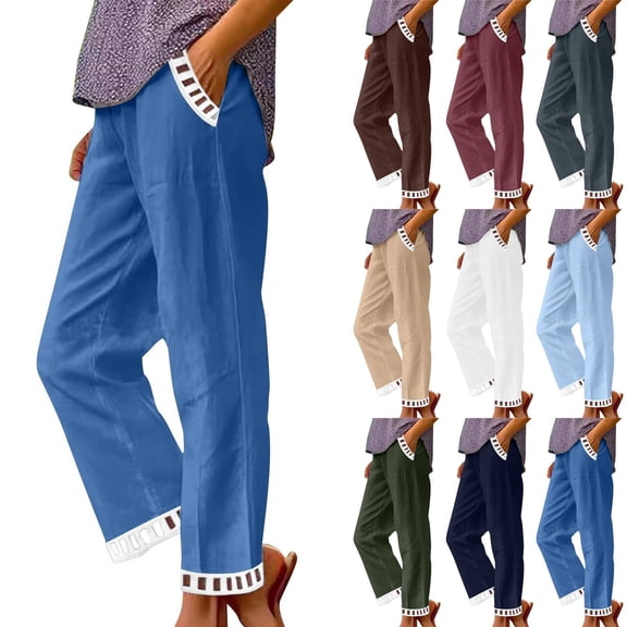 2026 Casual Summer Linen Pants Womens Capris Lace Elastic High Waist Pant Straight Cropped Trouser Blue S