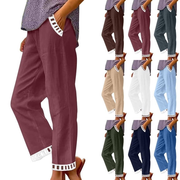 2026 Casual Summer Linen Pants Womens Capris Lace Elastic High Waist Pant Straight Cropped Trouser Deep Red L