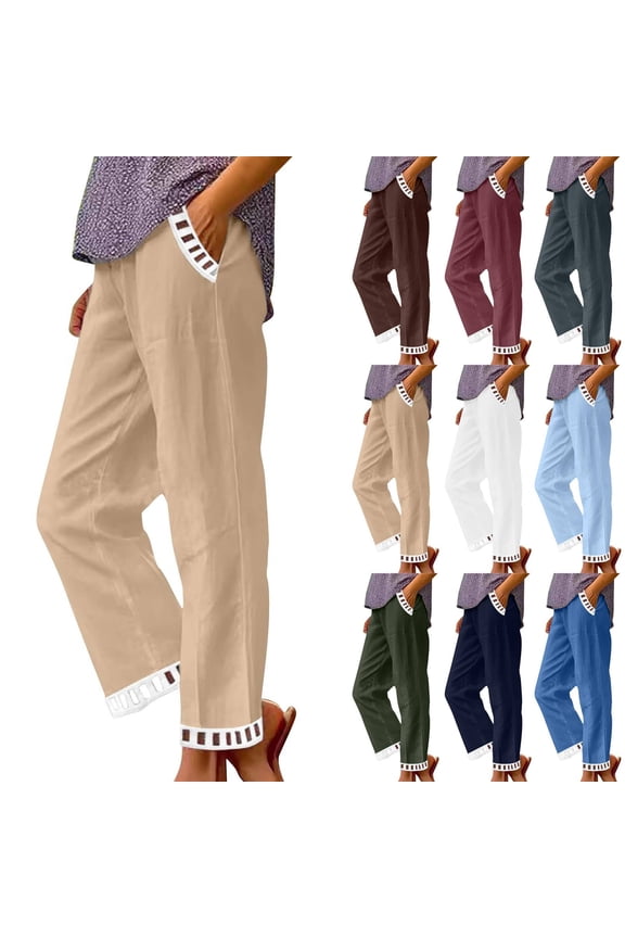 2026 Casual Summer Linen Pants Womens Capris Lace Elastic High Waist Pant Straight Cropped Trouser Khaki 2XL