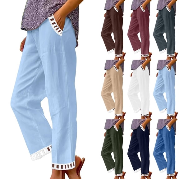 2026 Casual Summer Linen Pants Womens Capris Lace Elastic High Waist Pant Straight Cropped Trouser Light Blue XL