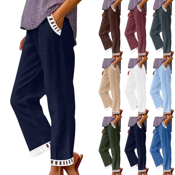 2026 Casual Summer Linen Pants Womens Capris Lace Elastic High Waist Pant Straight Cropped Trouser Navy 2XL