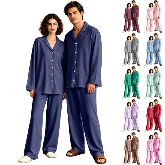 2026 Casual Wear Adult Family Matching Pajamas Set - Soft Solid Color Button-Down Loungewear - Loose Fit Long Sleeve Top & Long Pants Two-Piece Casual Sleepwear