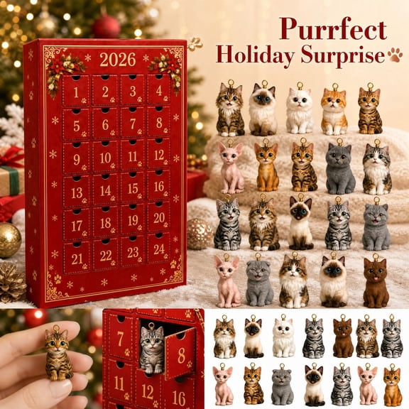 2026 Cat Advent Calendar Featuring 24 Hand-Painted Cat Figurines with Gold Hanging Loops, Premium Acrylic Box Countdown Display for Holiday Home, Festive Christmas Gifts for Women