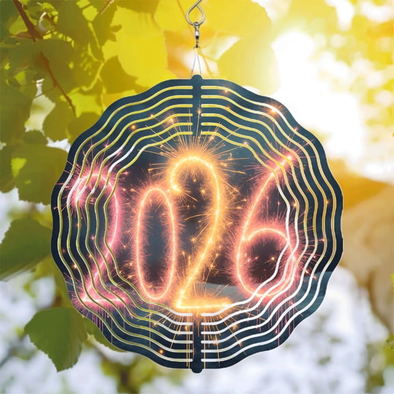 2026 Celebration Metal Hanging Wind Spinner - Concentric Radiating Lines with Orange Sparks - Perfect for Yard & Garden Decor