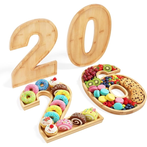 2026 Charcuterie Number Boards – 12" Fillable Wooden Food Tray & Cardboard Numbers for New Year’s Eve Party Decorations and Serving Platter(RL 1 Set)