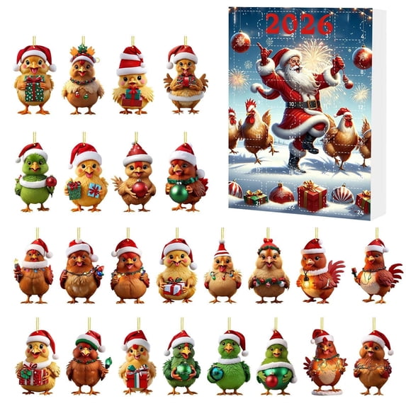 2026 Chicken Advent Calendar with 24 Acrylic Christmas Ornaments, for Xmas Tree Hanging, Mantel Display and Holiday Surprise Gifts