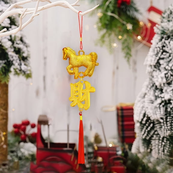 2026 Chinese Horse Year Pendant with "Cai" (Wealth) Symbol – Red Tassel Hanging Decor for Home Car Bonsai Tree, Lunar New Year Decoration, 1 Piece