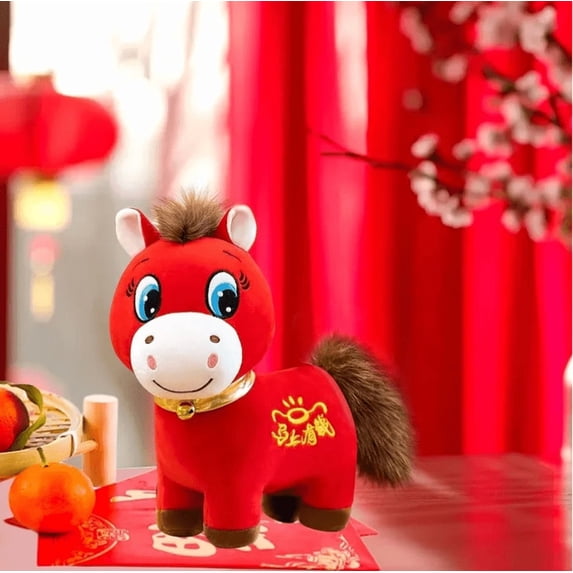 2026 Chinese Lunar New Year Horse Plush – Crying/Smiling Red Zodiac Mascot, Golden Embroidery Blessing Ornament, Year of The Horse Home Car Store Decor (7.87"-Smile)
