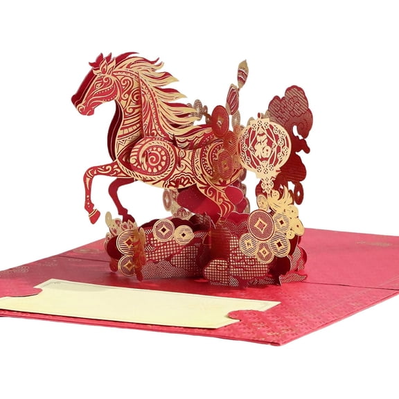 2026 Chinese New Year Cards, Year of the Horse Pop Up Lunar New Year Greeting Card Set with Envelopes & Bookmarks, Spring Festival Gifts(RL 1 PC)
