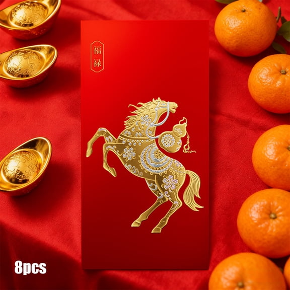 2026 Chinese New Year Red Envelopes, 8 Pcs Traditional Hong Bao Lai See for Lunar New Year Horse Year Cash Gift Envelopes Red Paper for Family Friends Festive Occasions