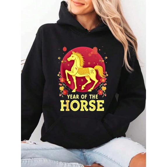  2026 Chinese New Year Themed Unisex Hooded Sweatshirt - Red Gold Horse Print, Comfortable Fabric for Men and Women, Festival Gift, All Season Wear