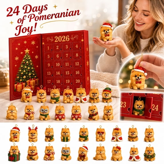 2026 Christmas Advent Calendar 24 Day Countdown, 3D Pomeranian Dog Ornaments Tree Pendant Set for Xmas Tree Hanging Decoration
