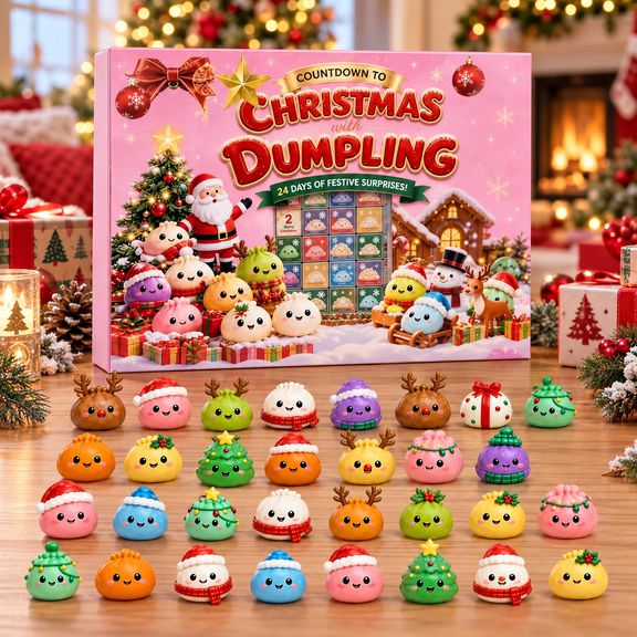 2026 Christmas Advent Calendar 24 Day Dumpling Collectible Countdown with Mini Character Figures for Tabletop Mantel Shelf Seasonal Display