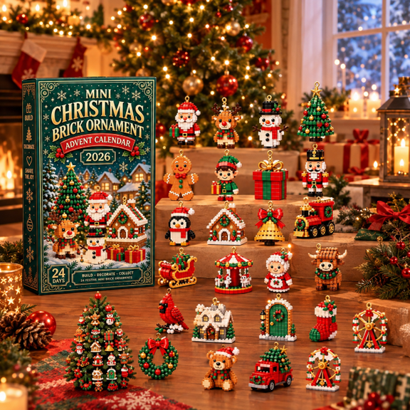 2026 Christmas Advent Calendar, 24-Day Mini Building Block Ornament Set, DIY 2D Christmas Decorations with Hanging Loops for Tree, Garland and Holiday Decor