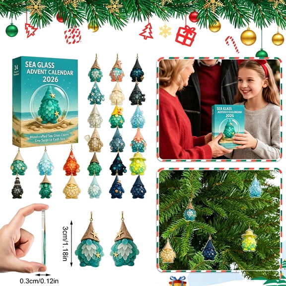 2026 Christmas Advent Calendar 24 Days Box, 1.18 Inch 2D Flat Acrylic Faux Sea Glass Coastal Elf Pendant for Xmas Tree