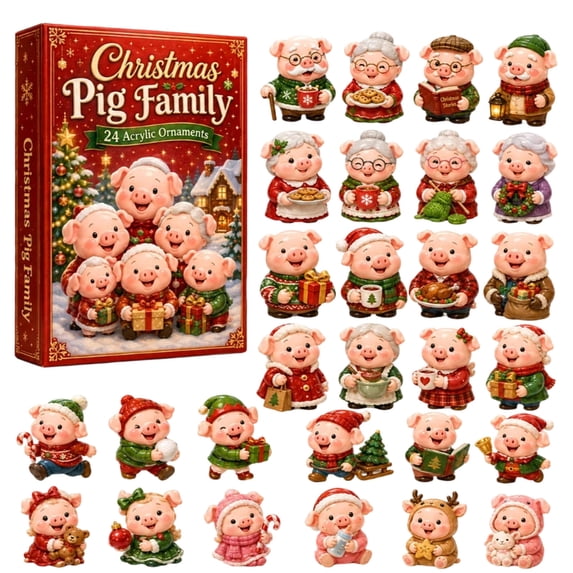 2026 Christmas Advent Calendar, 24 Days Cute Pig Family Countdown Calendar, Whimsical Mystery Blind Box Decor Set for Kiddodos Adults Pig Lovers Family Xmas Tree