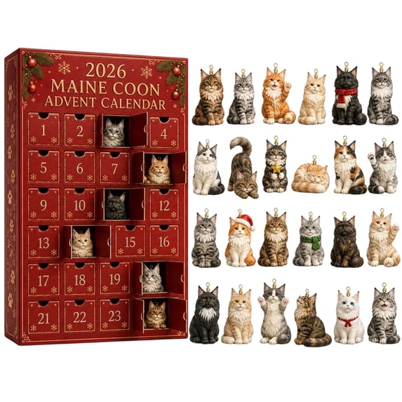 2026 Christmas Advent Calendar, 24 Days Maine Coon Cat Countdown Calendar, Fluffy Cat Mystery Blind Box Decor Set for Kiddodos Adults Pet Lovers Christmas Tree