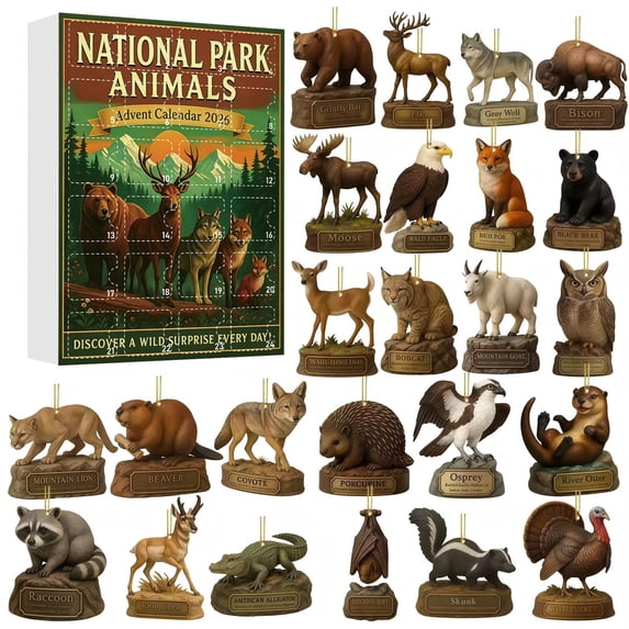 2026 Christmas Advent Calendar, 24 Days Xmas Countdown Box with North American National Park Wildlife 2D Acrylic Hanging Ornaments, Mountain Forest Wild Animal Themed Holiday Decor Gift