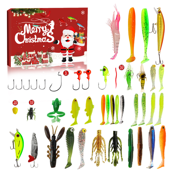 2026 Christmas Advent Calendar Fishing Lure Set, 24 Days Countdown Minnow Popper Spoon Hard Soft Bait Fishing Tackle Kit, 2 Styles Optional Fishing Gift for Anglers Fishing Lovers