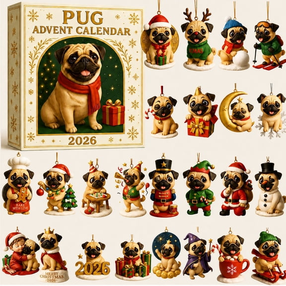 2026 Christmas Advent Calendar, Pug Dogs 24-Day Countdown Calendar, Acrylic Hanging Ornaments, Family Holiday Gift