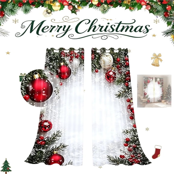 2026 Christmas Ball Holiday Printed Curtains, 2 Panels Xmas Print Curtains with Snowflakes & Pine Branches, Holiday Curtains for Living Room Bedroom, New Year Party Decor