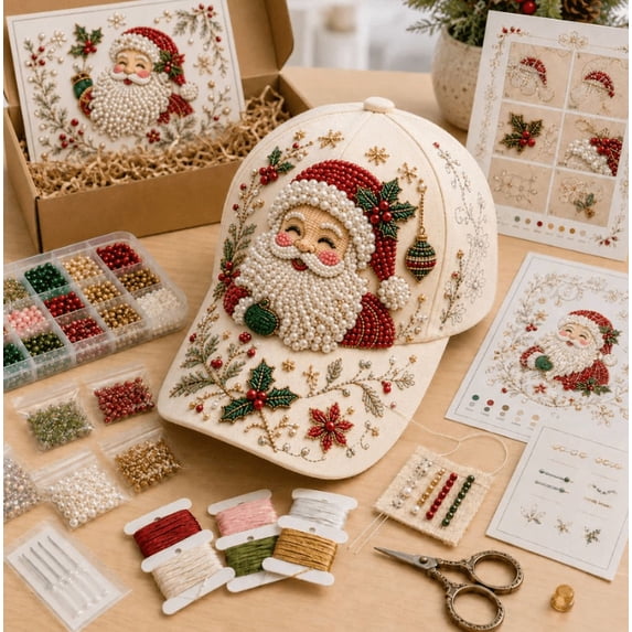 2026 Christmas Beaded Hat DIY Craft Kit,Holiday Bead Kit With Baseball Cap And Embroidery Supplies,Creative Christmas Craft Gift For Adults With Snowman Design(1PCS)