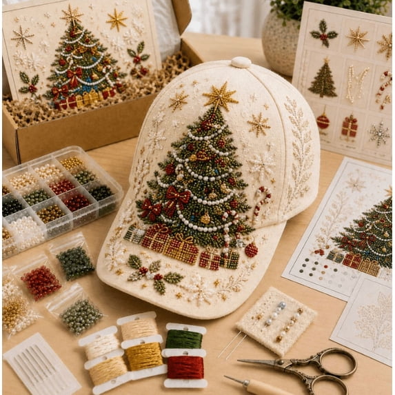 2026 Christmas Beaded Hat DIY Craft Kit,Holiday Bead Kit With Baseball Cap And Embroidery Supplies,Creative Christmas Craft Gift For Adults With Snowman Design(1PCS)