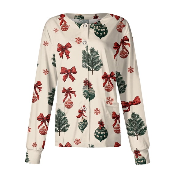 2026 Christmas Beige Scrub Jackets for Women Long Sleeve Button up Plus Size Medical Scrub Tops Snowflake Print Nurses Working Uniform Cute Lab Coat L-Large