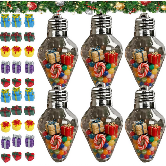 2026 Christmas Bulb Gift Jar, Clear Fillable Light Bulb Ornaments with Lid, Jumbo Plastic DIY Xmas Tree Decorations, Reusable Hanging Candy Jars for Christmas Crafts & Party Favors 6PC