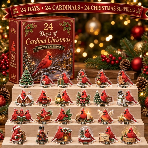 2026 Christmas Cardinal Advent Calendar, 24‑Day Xmas Countdown Calendar with 24 Assorted 2D Acrylic Decor Figurines, Holiday Blind Box Gift for Men Women Family