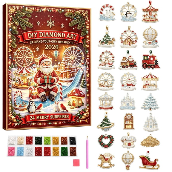 2026 Christmas Carnival DIY Diamond Art Advent Calendar 24 Make-Your-Own Diamond Painting Christmas Ornaments Countdown Kit Amusement Park Themed Hanging Decor Craft Set for Adults & Kids
