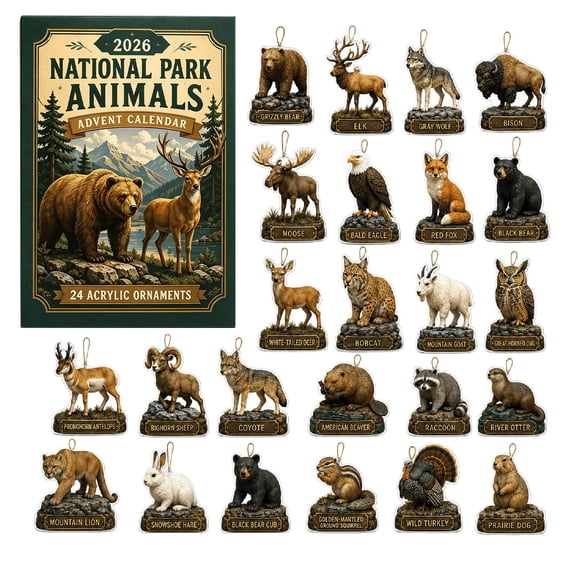 2026 Christmas Countdown Calendar National Park Animals 24-Piece 2D Acrylic Wildlife Ornaments Bear Elk Wolf Eagle Forest Animals