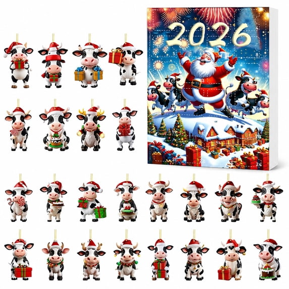 2026 Christmas Cow Advent Calendar with 24 Flat Acrylic Hanging Ornaments, Daily Countdown Gift Box for Christmas Tree Decor and Holiday Display
