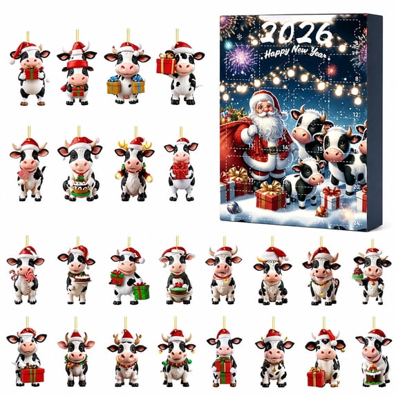 2026 Christmas Cow Advent Calendar with 24 Flat Acrylic Hanging Ornaments, Daily Countdown Gift Box for Christmas Tree Decor and Holiday Display