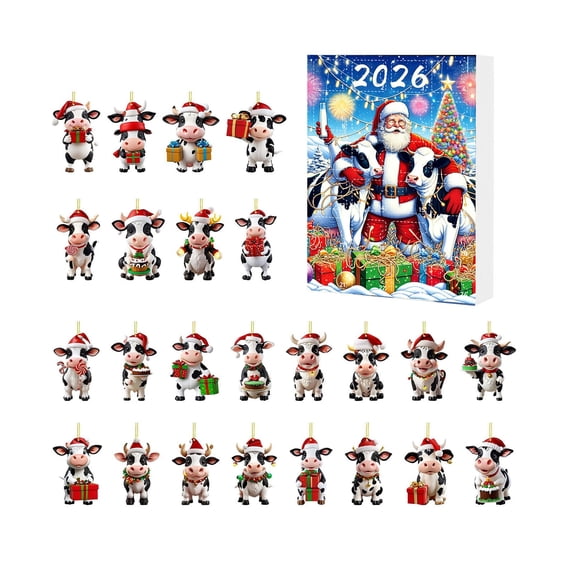 2026 Christmas Cow Countdown Calendar with Acrylic Decorations, for Home, Office, Classroom Display and Christmas Gift Giving