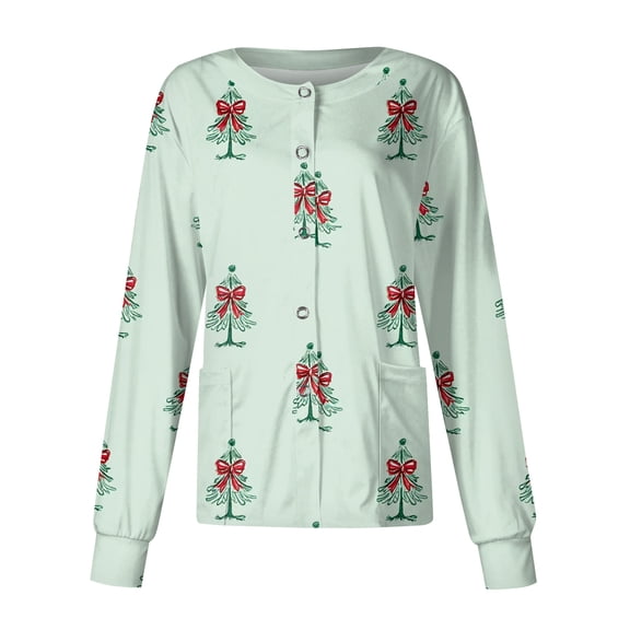 2026 Christmas Cyan Womens Scrub Jacket Long Sleeve Snap Front Warm up Medical Scrub Tops Snowflake Printed Nurses Working Uniforms Lightweight Nurse Jacket 3XL-Large
