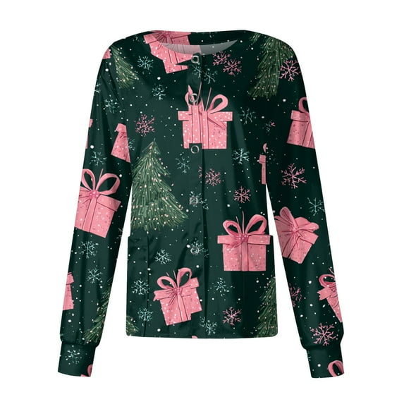 2026 Christmas Dark Green Scrub Jackets for Woman Long Sleeve Snowflake Print Scrub Tops Snap Front Cute Plus Size Lab Coat Nursing Working Uniform XL-Large