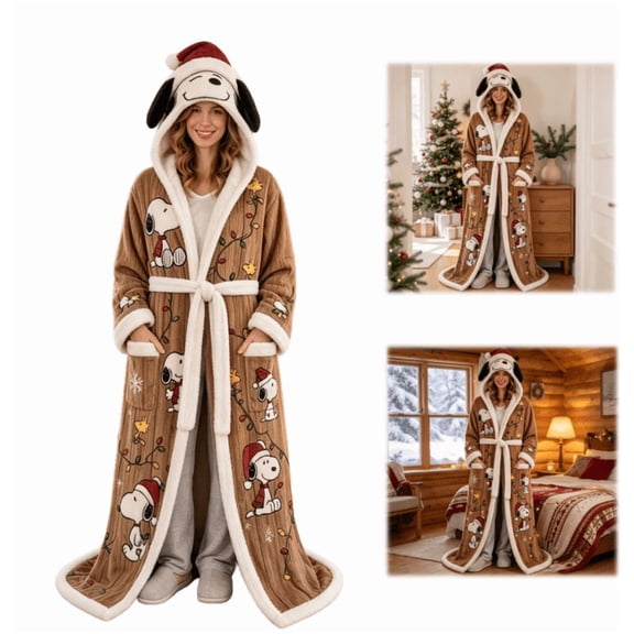 2026 Christmas Decoration Woodstock With Peanuts Wearable Heated Blanket Robe, Plush Full Length Heating Wearable Blanket With Faux Fur Cuffs, Cozy Winter Loungewear For Home And Party (Coffee)
