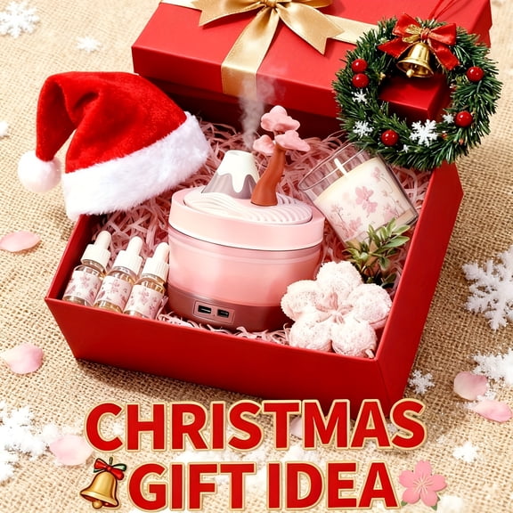 2026 Christmas Gift Box Set, USB Indoor Humidifier, Diffuser, Pink Cherry Blossom, with Night Light, Suitable for Office, Bedroom, Living Room Decoration, Home Decor, Gift Set for Ladies.