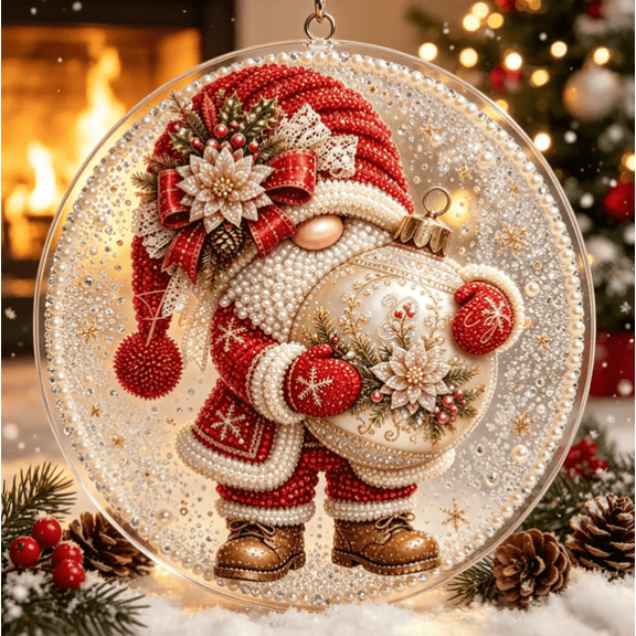 2026 Christmas Gnome Diamond Art Ornament Kit, Luxury Flocked Canvas Scratch-Resistant Non-Fading Pearl Beads DIY Handmade Hanging Decor, Beginner Kit for Xmas Tree