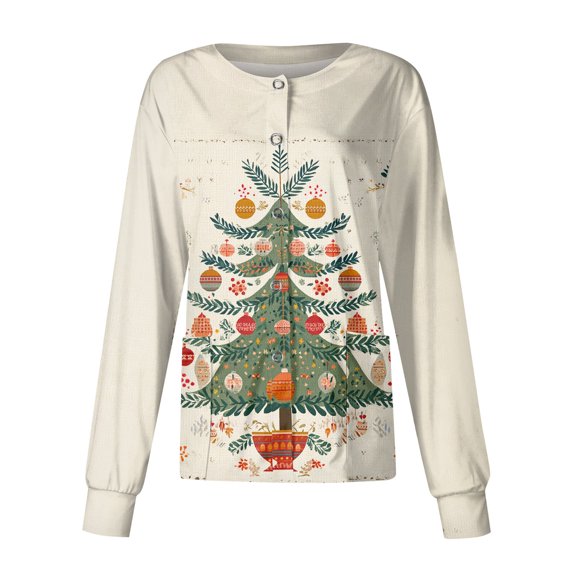 2026 Christmas Gold Scrub Jackets for Woman Long Sleeve Button up Snowflake Print Scrub Tops Warm up Medical Nurses Working Uniforms 2XL-Large