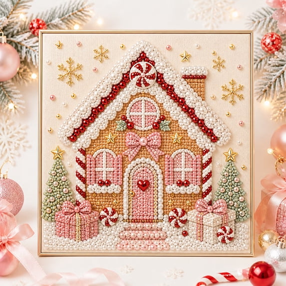 2026 Christmas House Pearl Painting Kits for Adults, 3D Vintage Diamond Art With Frame, Bead Painting Kit Hang Wall Art Holiday Decor, Craft Lovers Ideal As A Handmade Holiday Gifts