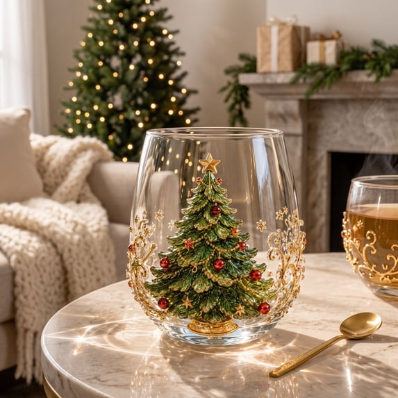 2026 Christmas Indoor Decoration Christmas Stemless Wine Glasses Embossed Holiday Decorative Tumbler Cup Santa Claus Snowman Reindeer Christmas Tree Wreath Stocking Festive Clear