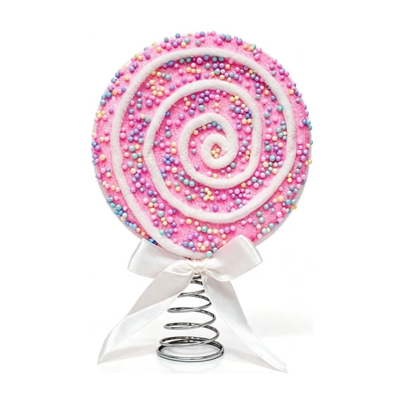 2026 Christmas Indoor Decoration Lollipop Tree Topper Candy Swirl Lollipop Christmas Tree Top Ornament With White Bow Colorful Sprinkles Sweet Themed Xmas Tree Decor For Holiday Party