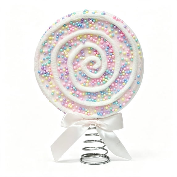 2026 Christmas Indoor Decoration Lollipop Tree Topper Candy Swirl Lollipop Christmas Tree Top Ornament With White Bow Colorful Sprinkles Sweet Themed Xmas Tree Decor For Holiday Party