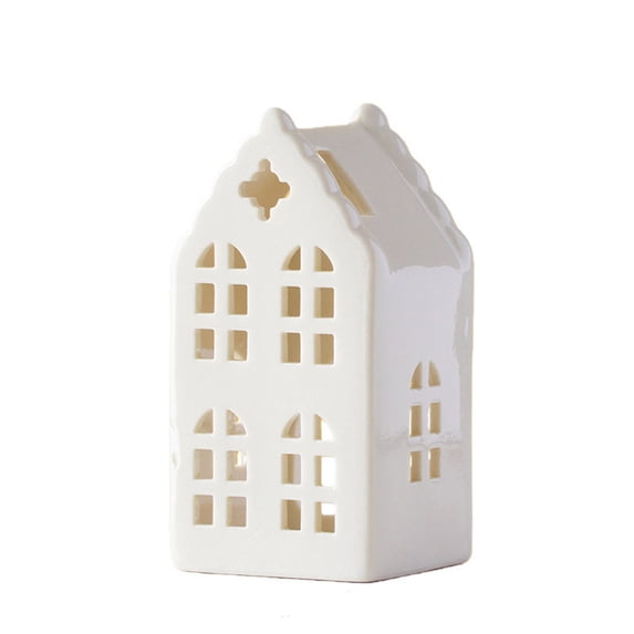 2026 Christmas Indoor Decoration White Ceramic Christmas Village House Tea Candle Holders Hollow Cutout Mini House Figurine For Xmas Tabletop Shelf Mantel Winter Home Decor