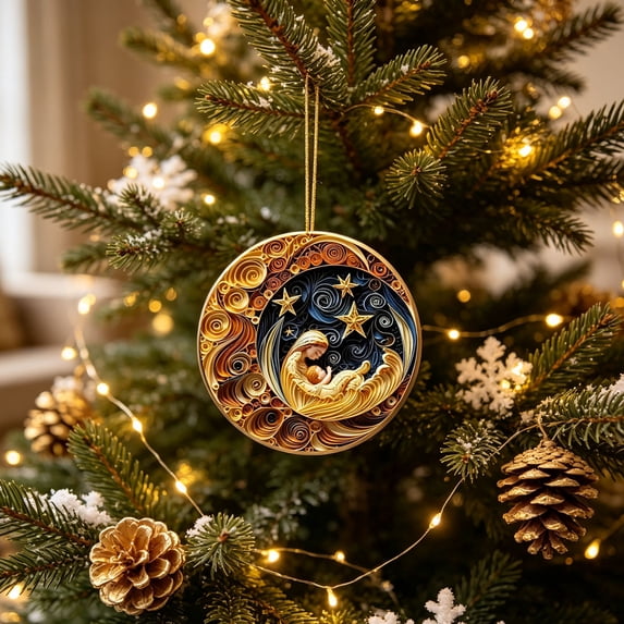 2026 Christmas Indoor Home Decor Christmas Tree Ornament 3 54 Inch Round Quilled Paper Art Style Hanging Ornament Blue Golden Night Xmas Tree Decor