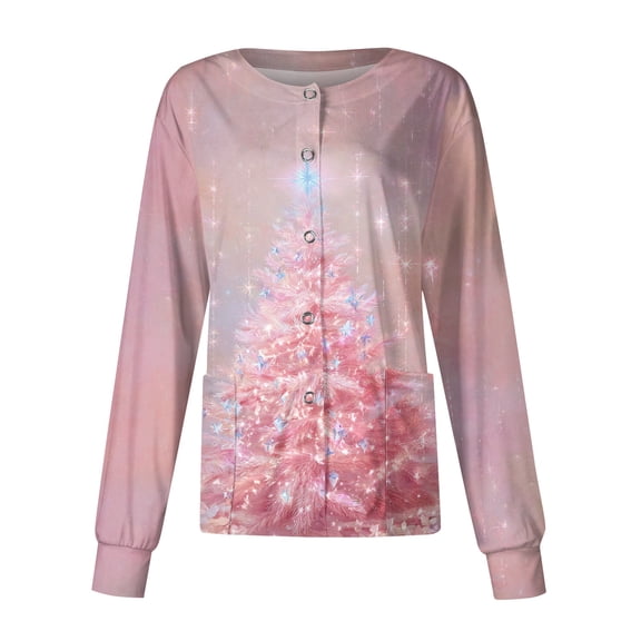 2026 Christmas Light pink Scrub Jackets for Woman Long Sleeve Button up Plus Size Medical Scrub Tops Snowflake Print Nurses Working Uniforms Clearance Nurse Jacket L-Large