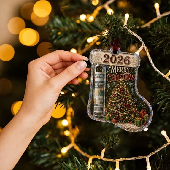 2026 Christmas Money Holder Ornament,Stocking‑Shaped Acrylic Cash Keepsake Hanging Pendant,Funny Festive Christmas Tree Holiday Gift Decor for Merry Christmas Party Decorations